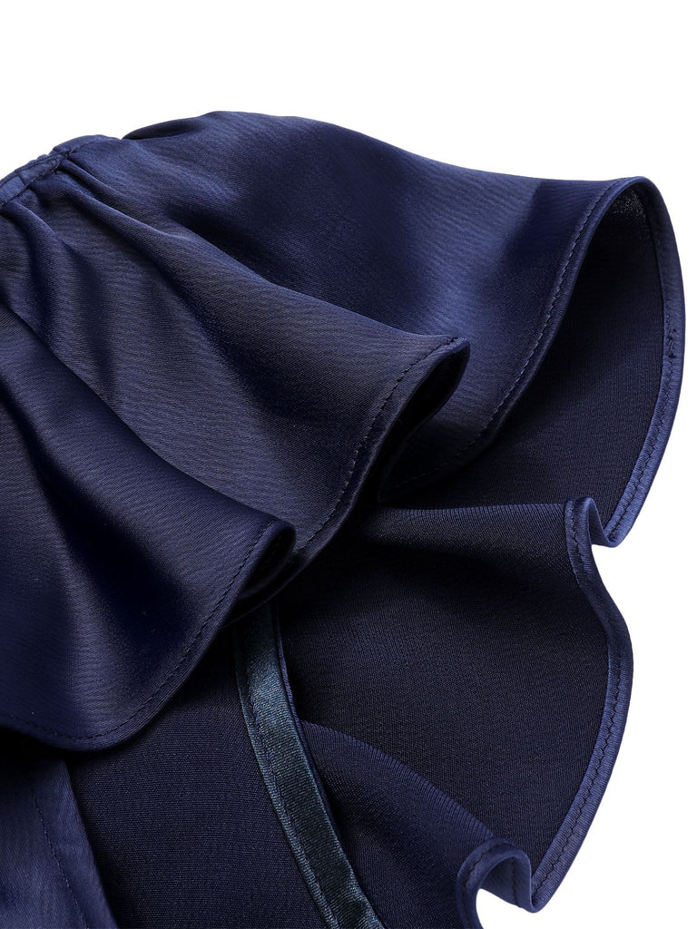 Dark Blue 1930s Flounce Sleeve Cowl Neck Trumpet Dress