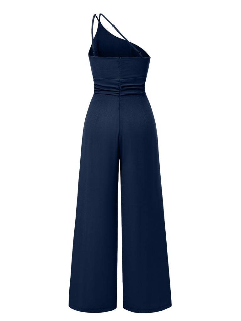 1940s Solid One-Shoulder Suspender Loose Wide-Leg Jumpsuit