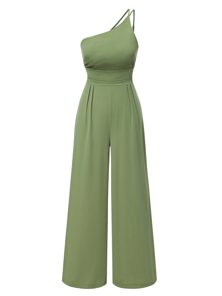 1940s Solid One-Shoulder Suspender Loose Wide-Leg Jumpsuit