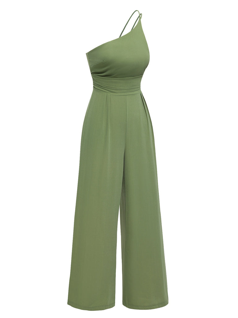 1940s Solid One-Shoulder Suspender Loose Wide-Leg Jumpsuit