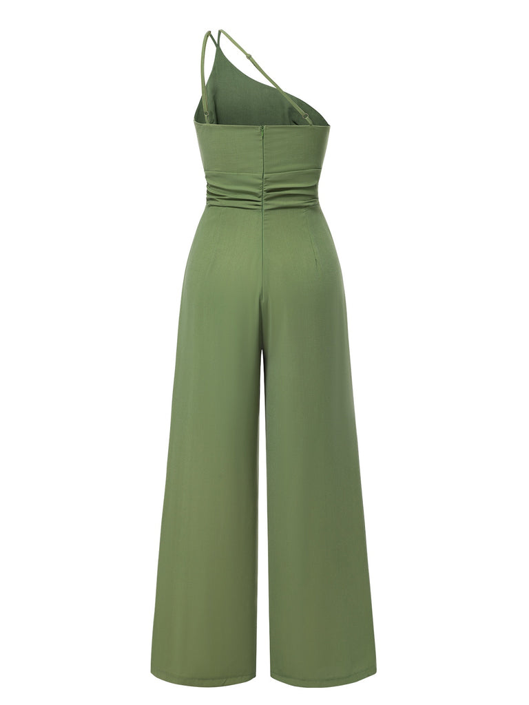 1940s Solid One-Shoulder Suspender Loose Wide-Leg Jumpsuit