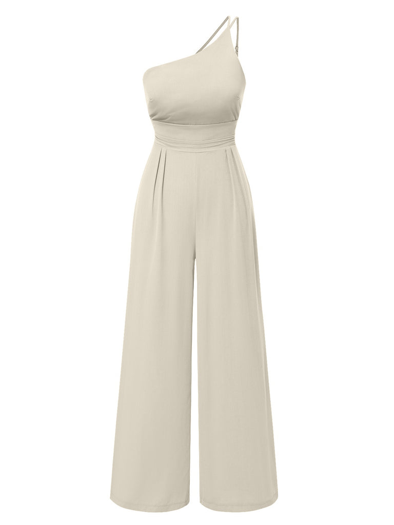 1940s Solid One-Shoulder Suspender Loose Wide-Leg Jumpsuit