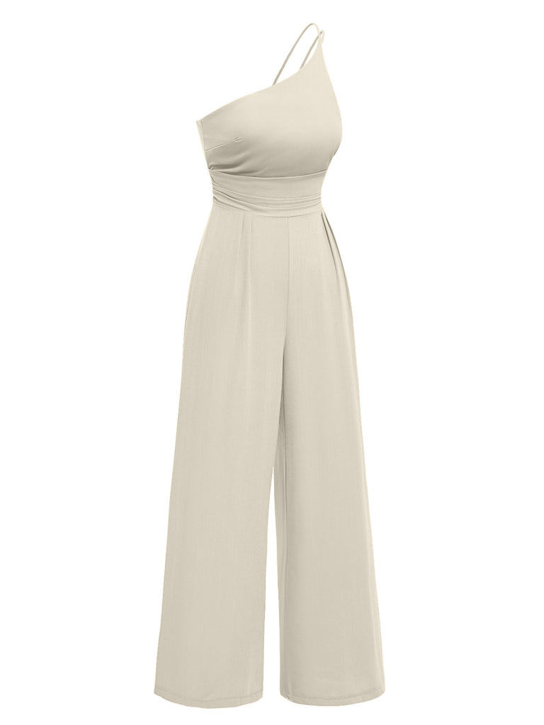 1940s Solid One-Shoulder Suspender Loose Wide-Leg Jumpsuit