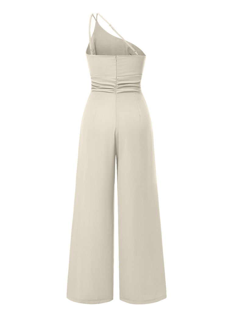1940s Solid One-Shoulder Suspender Loose Wide-Leg Jumpsuit