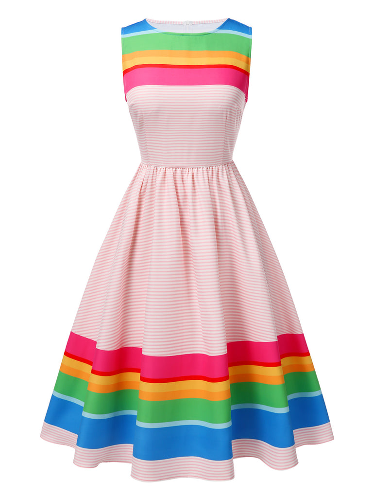 Multicolor 1950s Rainbow Striped Boat Neck Dress