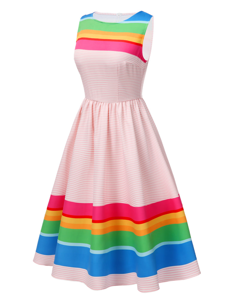 Multicolor 1950s Rainbow Striped Boat Neck Dress