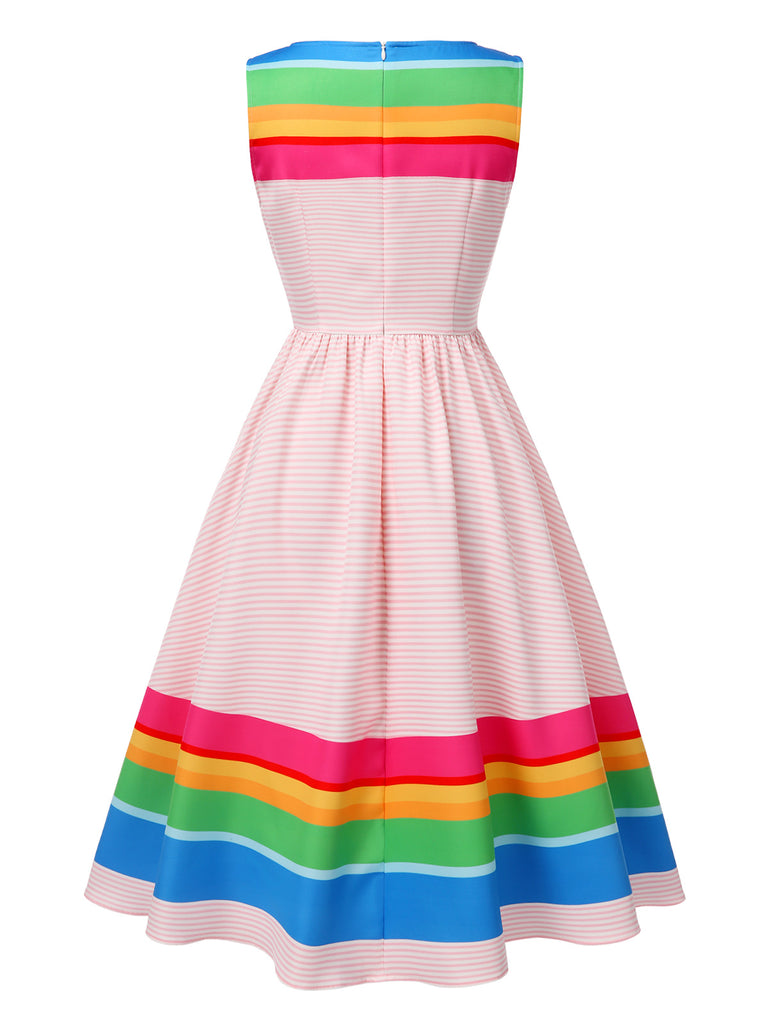 Multicolor 1950s Rainbow Striped Boat Neck Dress