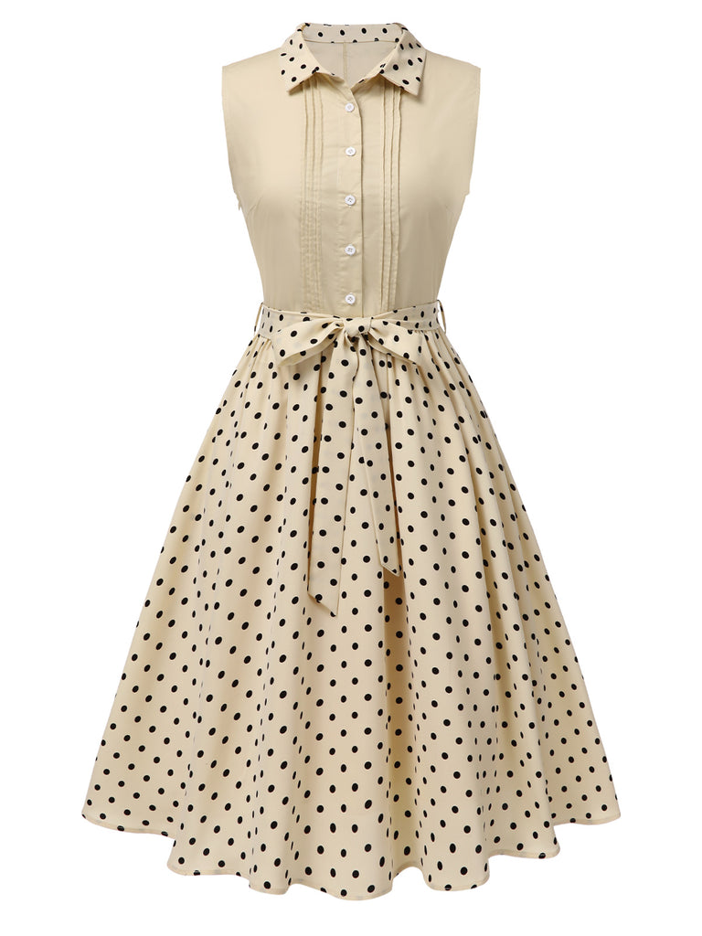 Beige 1940s Cotton Polka Dot Lapel Dress