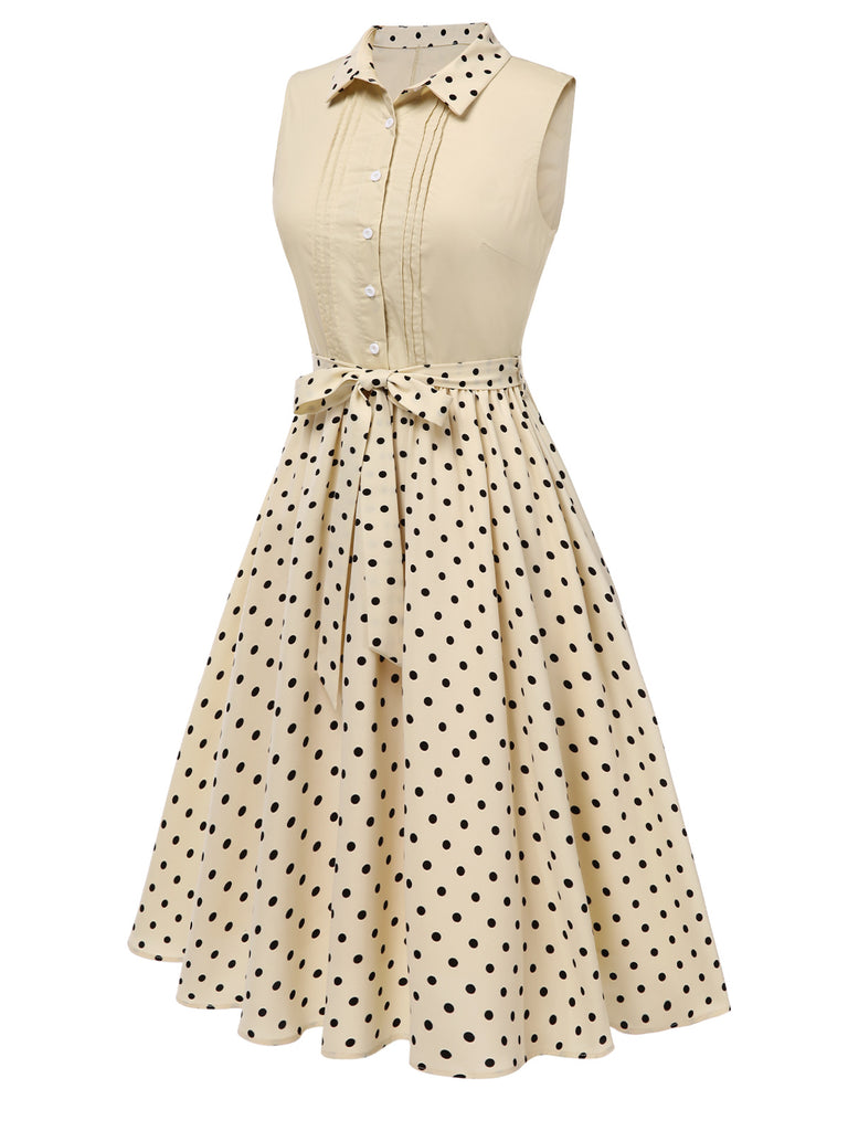 Beige 1940s Cotton Polka Dot Lapel Dress