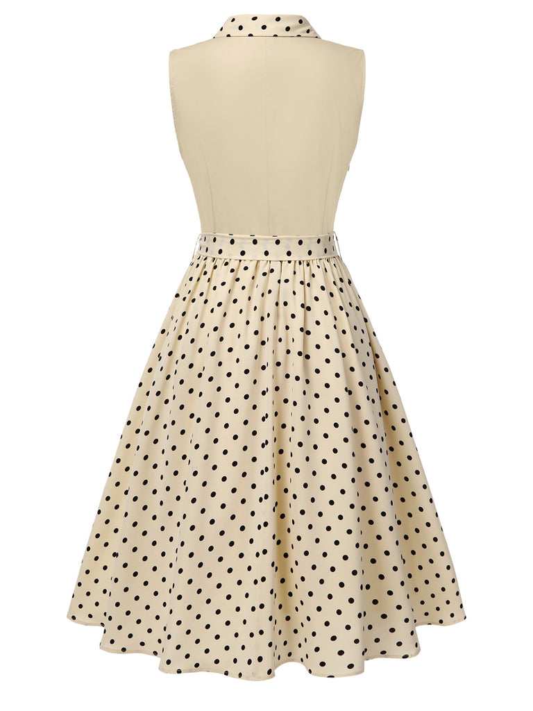 Beige 1940s Cotton Polka Dot Lapel Dress