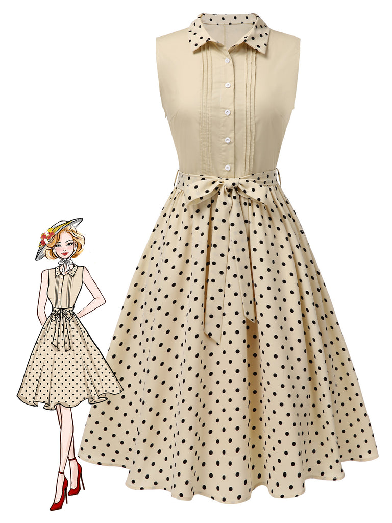 Beige 1940s Cotton Polka Dot Lapel Dress