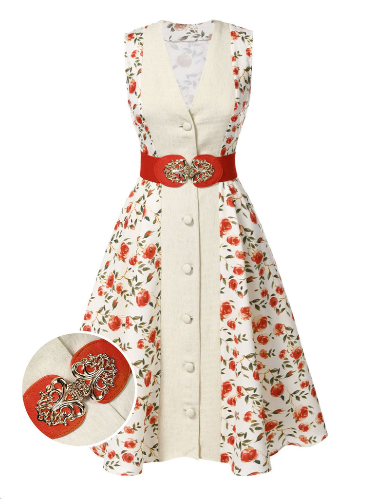 Beige & Red 1950s Painting Roses Belted Dress