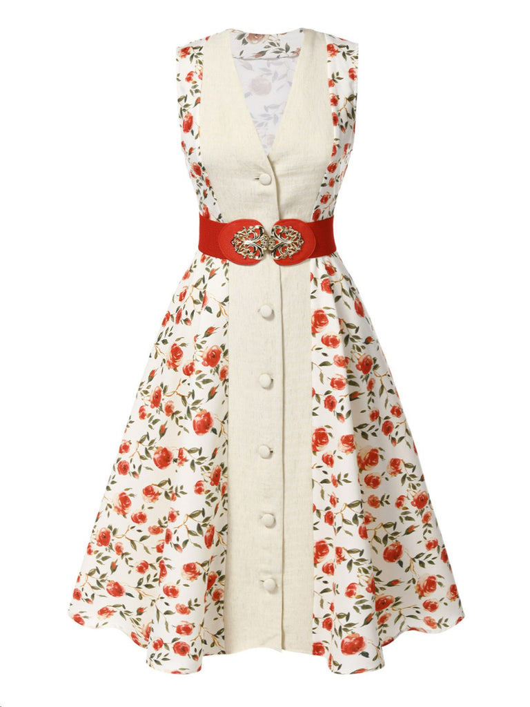 Beige & Red 1950s Painting Roses Belted Dress