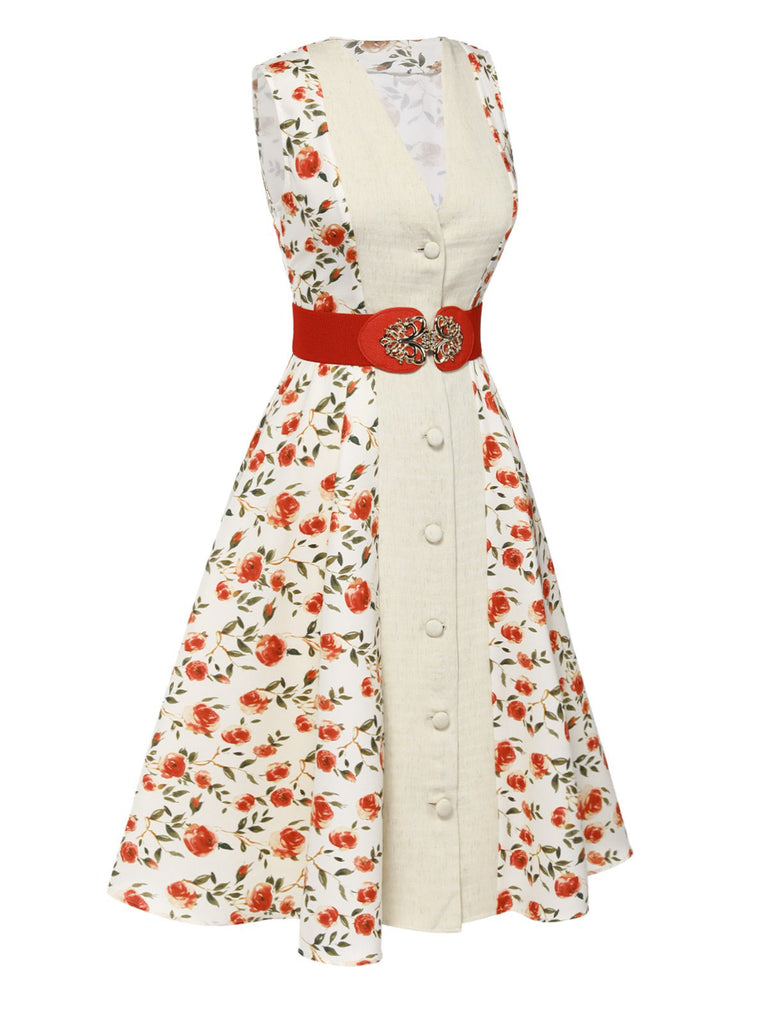 Beige & Red 1950s Painting Roses Belted Dress