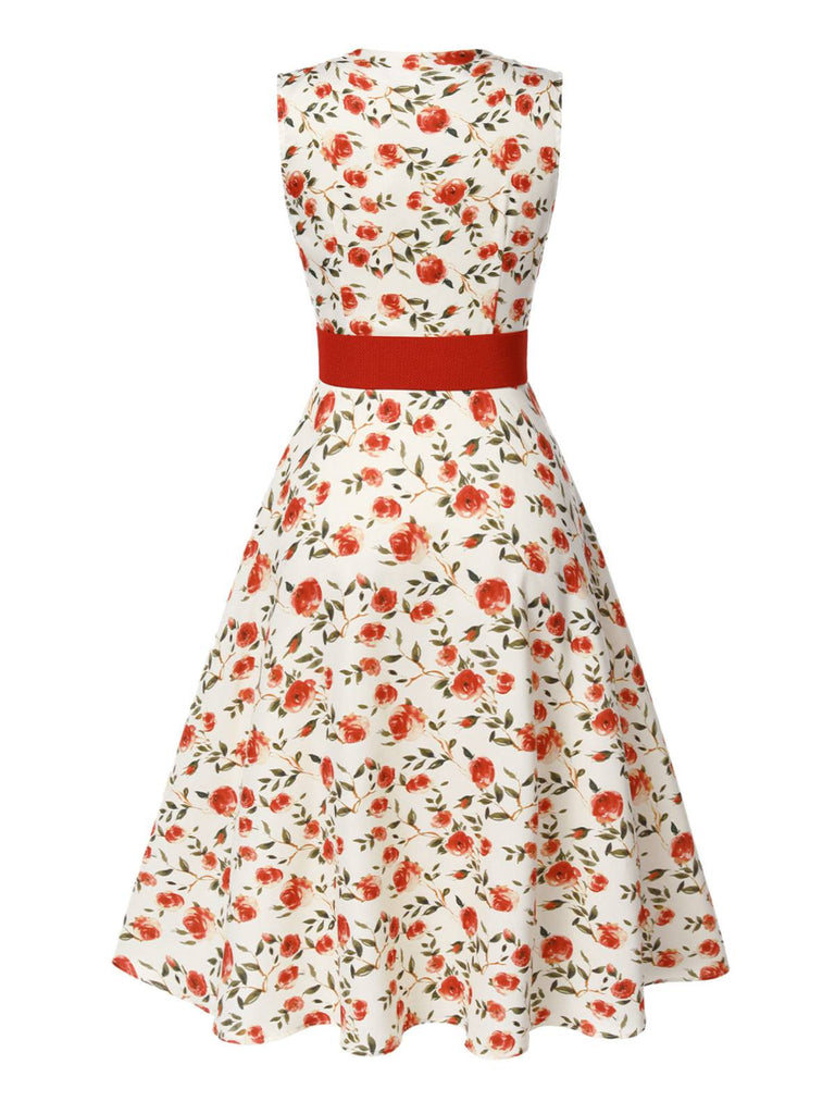 Beige & Red 1950s Painting Roses Belted Dress