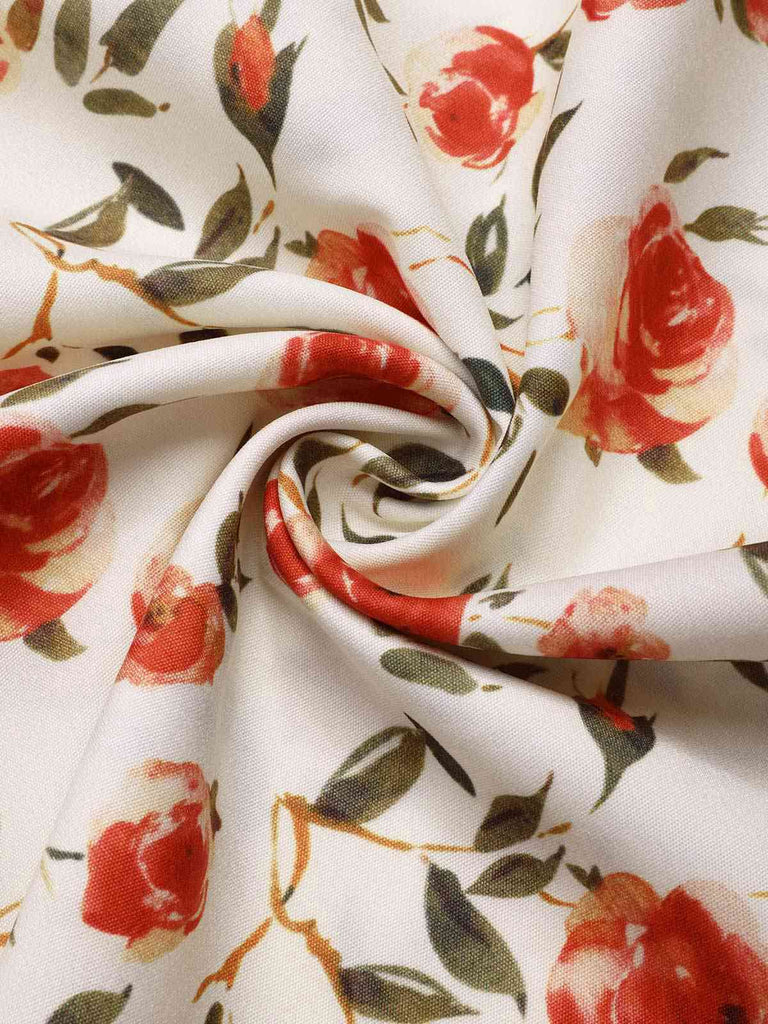 Beige & Red 1950s Painting Roses Belted Dress