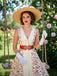 Beige & Red 1950s Painting Roses Belted Dress