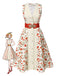 Beige & Red 1950s Painting Roses Belted Dress