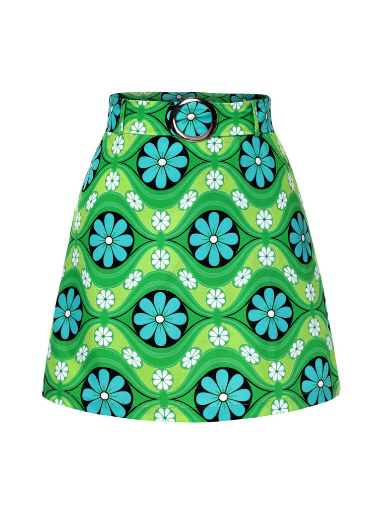 Green 1960s Vintage Floral Belted Mini Skirt