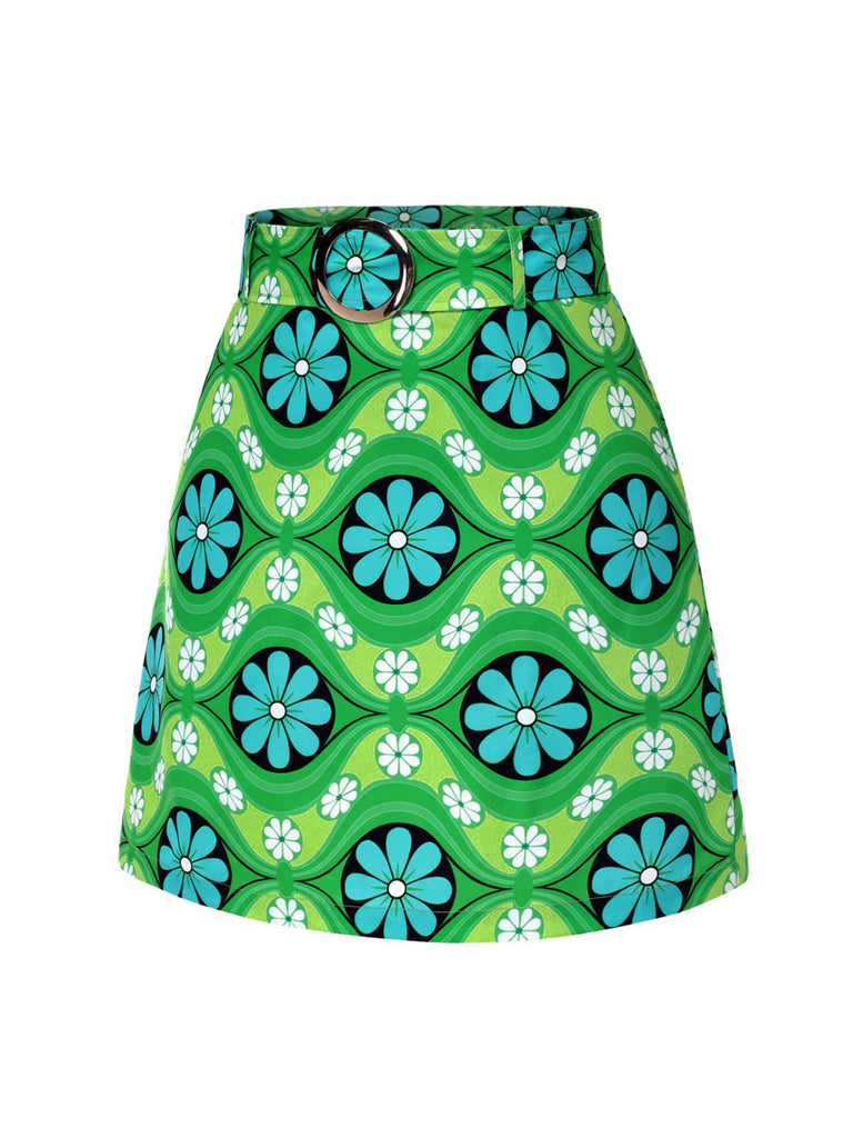 Green 1960s Vintage Floral Belted Mini Skirt