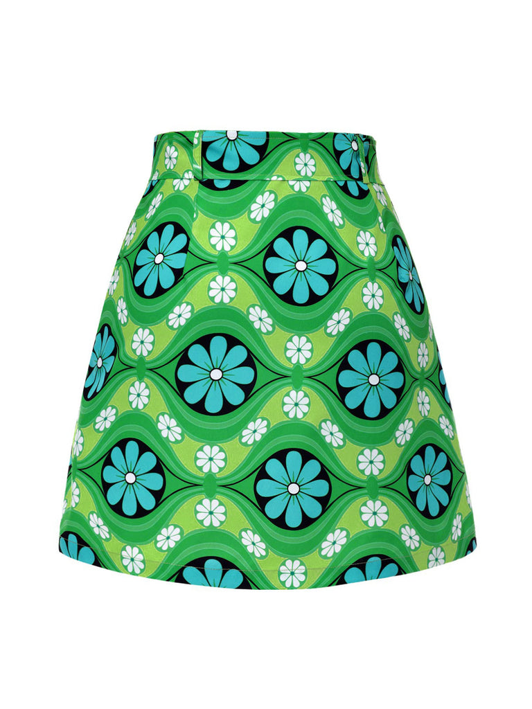 Green 1960s Vintage Floral Belted Mini Skirt