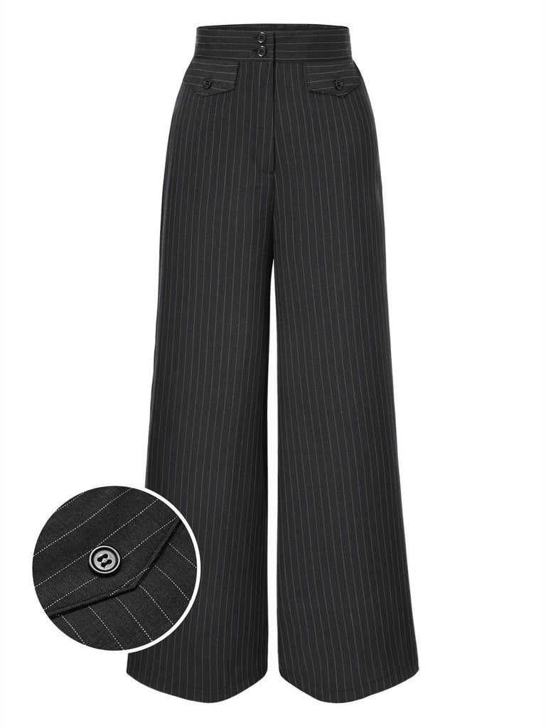 Dark Gray 1940s Pinstripes Wide-Leg Pants