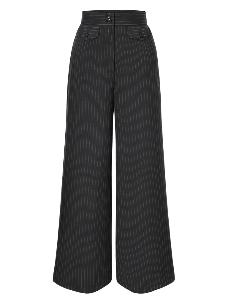 Dark Gray 1940s Pinstripes Wide-Leg Pants