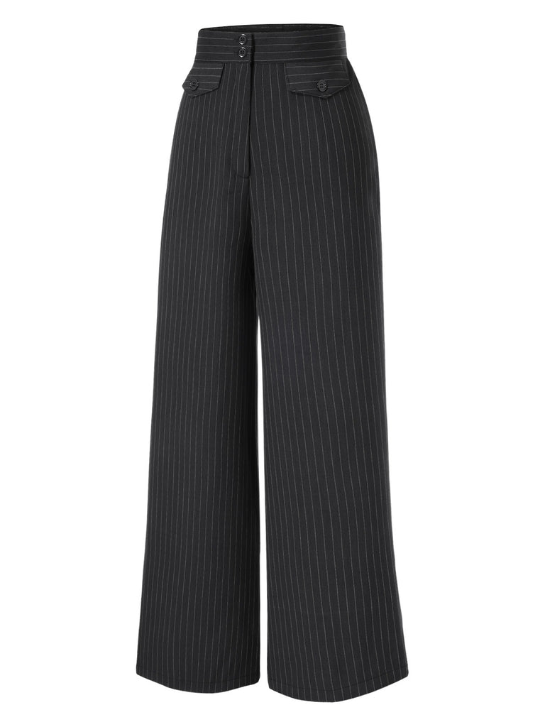 Dark Gray 1940s Pinstripes Wide-Leg Pants