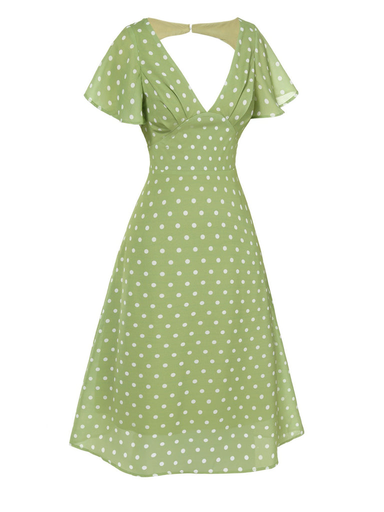 Green 1940s Back Hollow-Out Polka Dots Dress