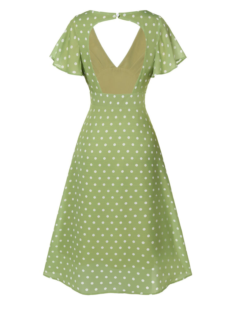 Green 1940s Back Hollow-Out Polka Dots Dress