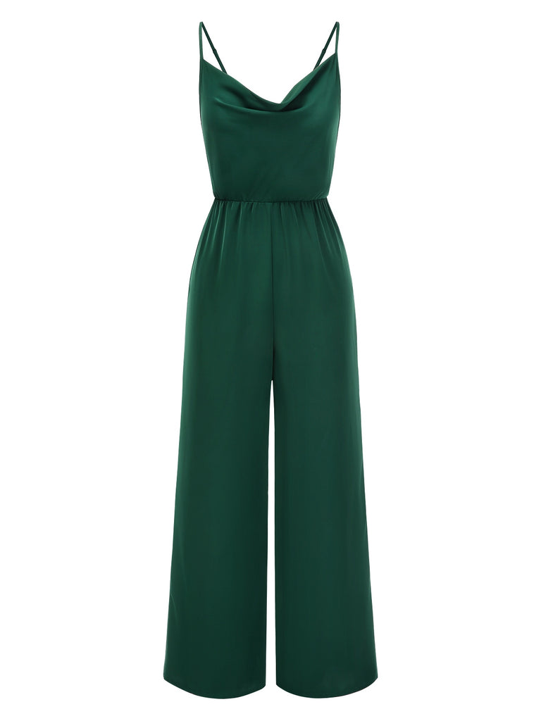 Dark Green 1930s Solid Spaghetti Straps Cowl Neck Jumpsuit