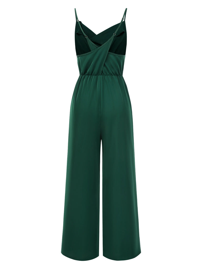 Dark Green 1930s Solid Spaghetti Straps Cowl Neck Jumpsuit
