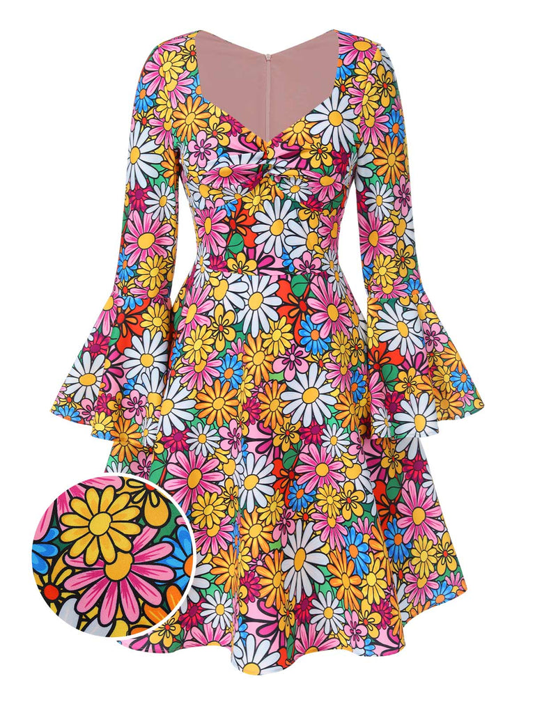 1960s Flare Sleeve Colorful Daisy Dress