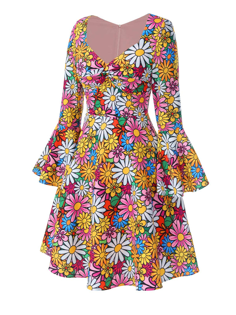 1960s Flare Sleeve Colorful Daisy Dress