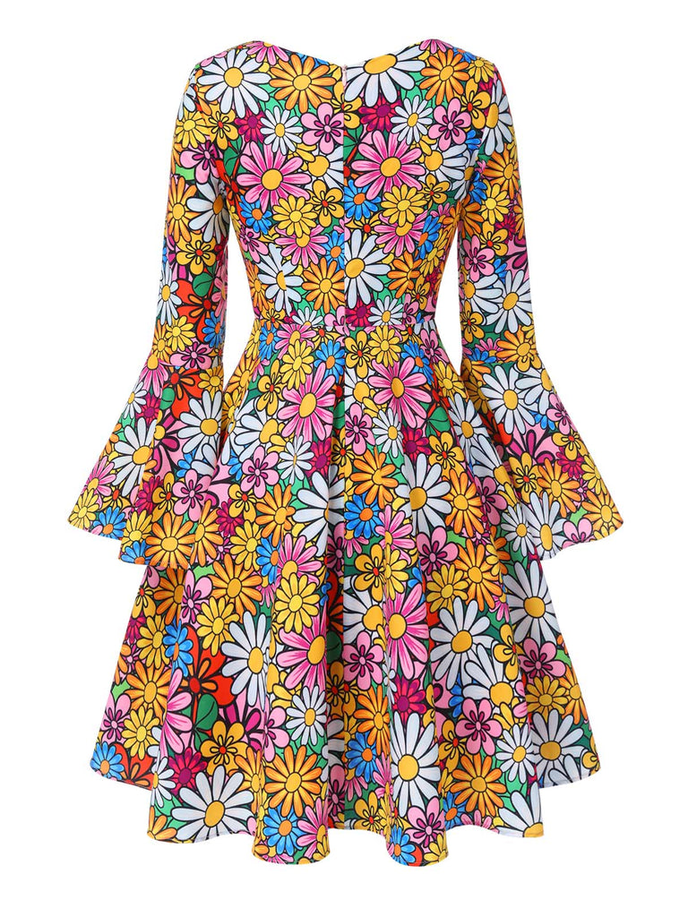 1960s Flare Sleeve Colorful Daisy Dress