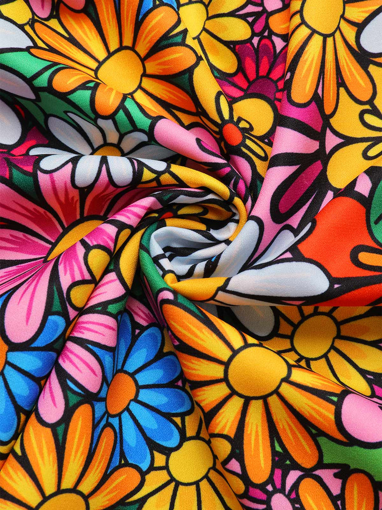 1960s Flare Sleeve Colorful Daisy Dress