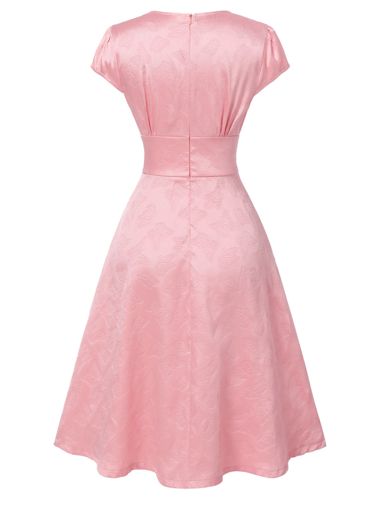 Pink 1940s Deep V-Neck Butterfly Satin Dress