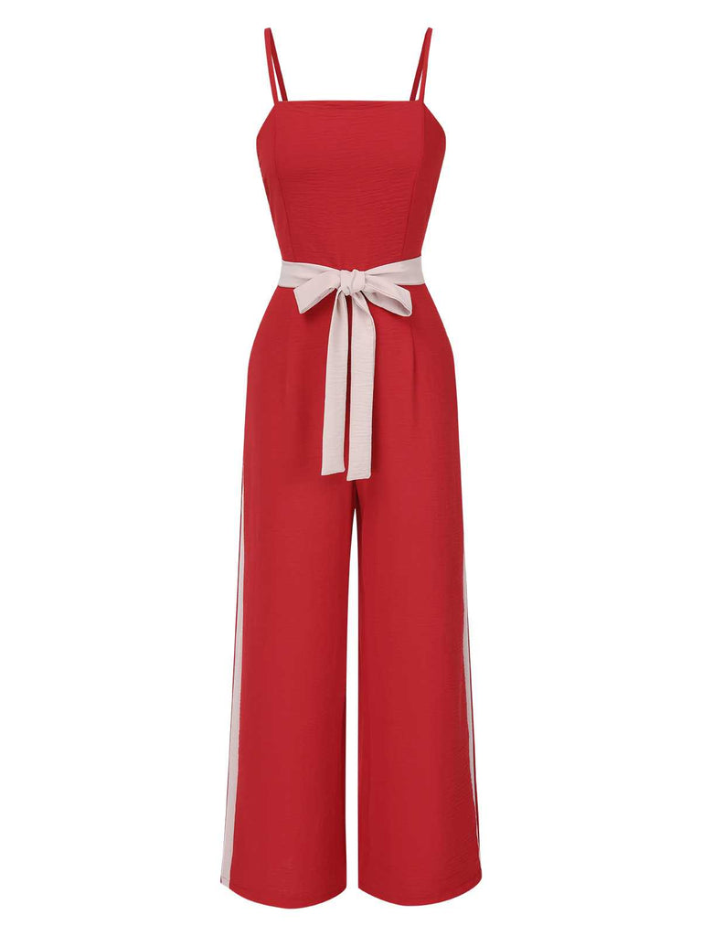 Red 1970s Spaghetti Strap Belted Stripe Jumpsuit