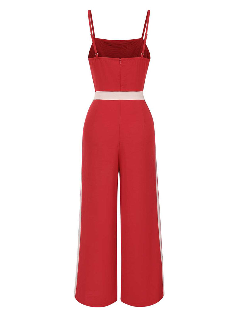 Red 1970s Spaghetti Strap Belted Stripe Jumpsuit