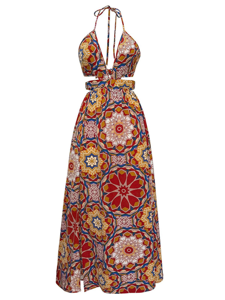 Multicolor 1970s Floral Bohemian Halter Dress