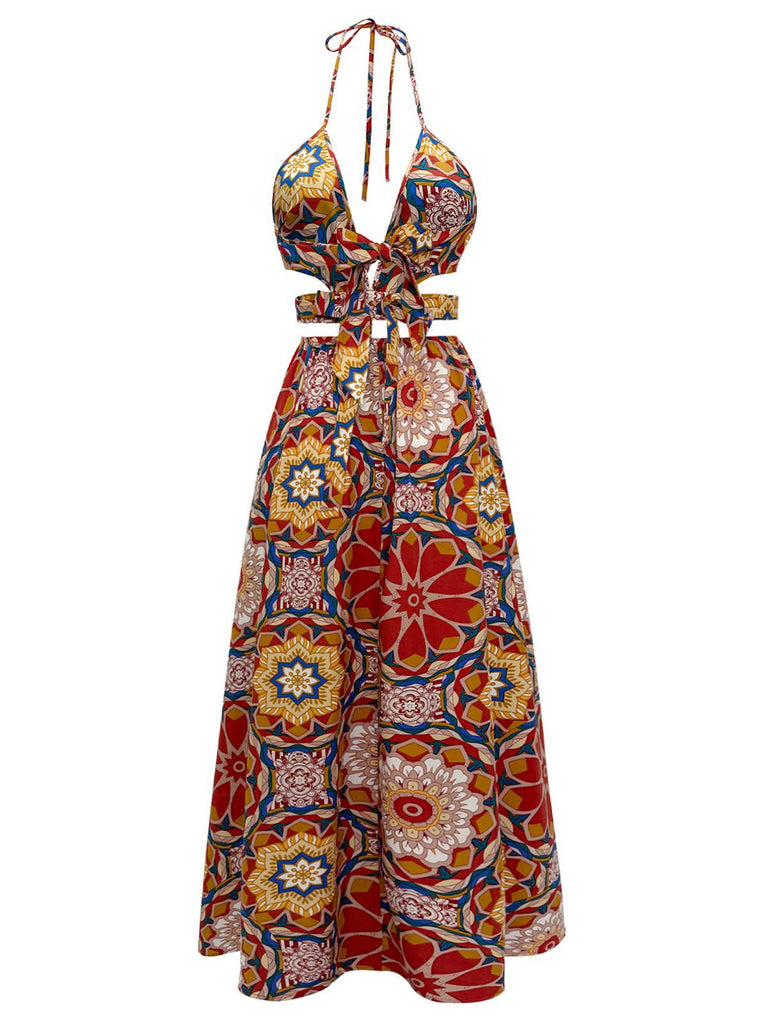 Multicolor 1970s Floral Bohemian Halter Dress