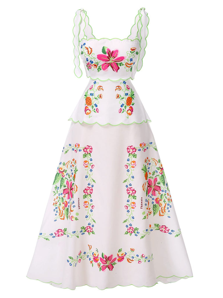 White 1940s Floral Print Tie Back Dress