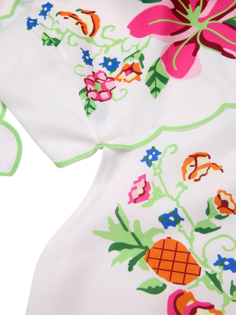 White 1940s Floral Print Tie Back Dress