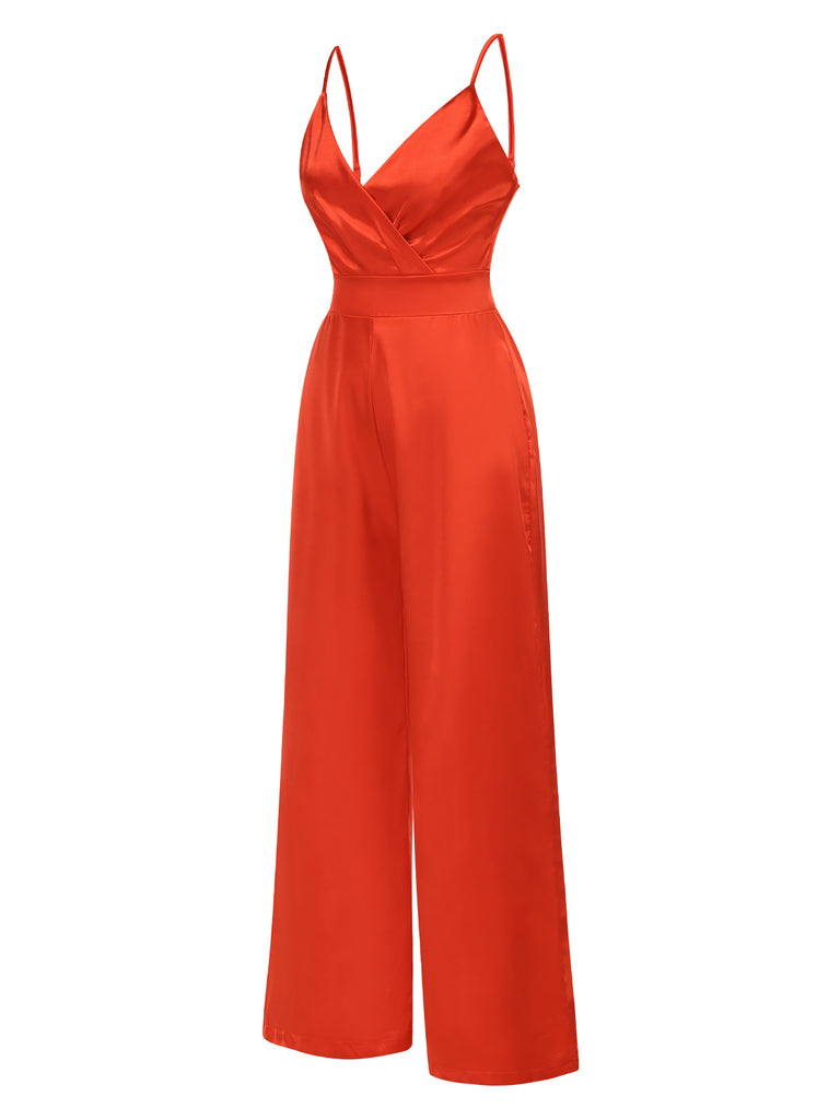 Red 1940s Solid Satin V-Neck Spaghetti Straps Jumpsuit
