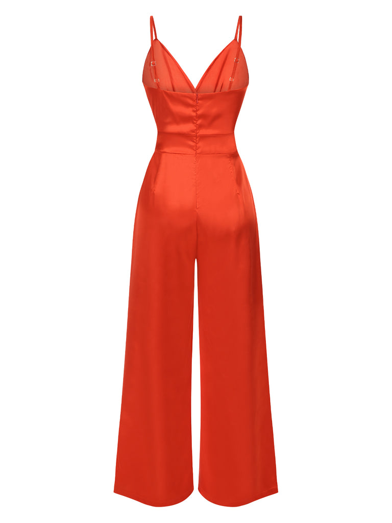 Red 1940s Solid Satin V-Neck Spaghetti Straps Jumpsuit