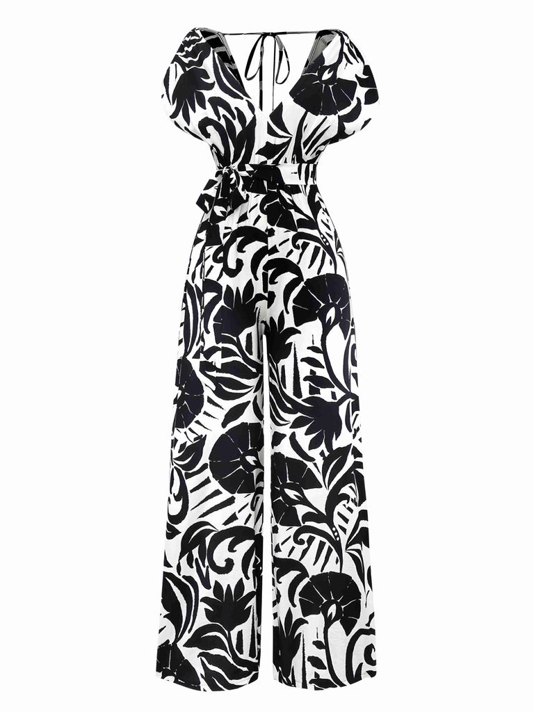 Black 1940s Plants Silhouette Bat Sleeve Jumpsuit