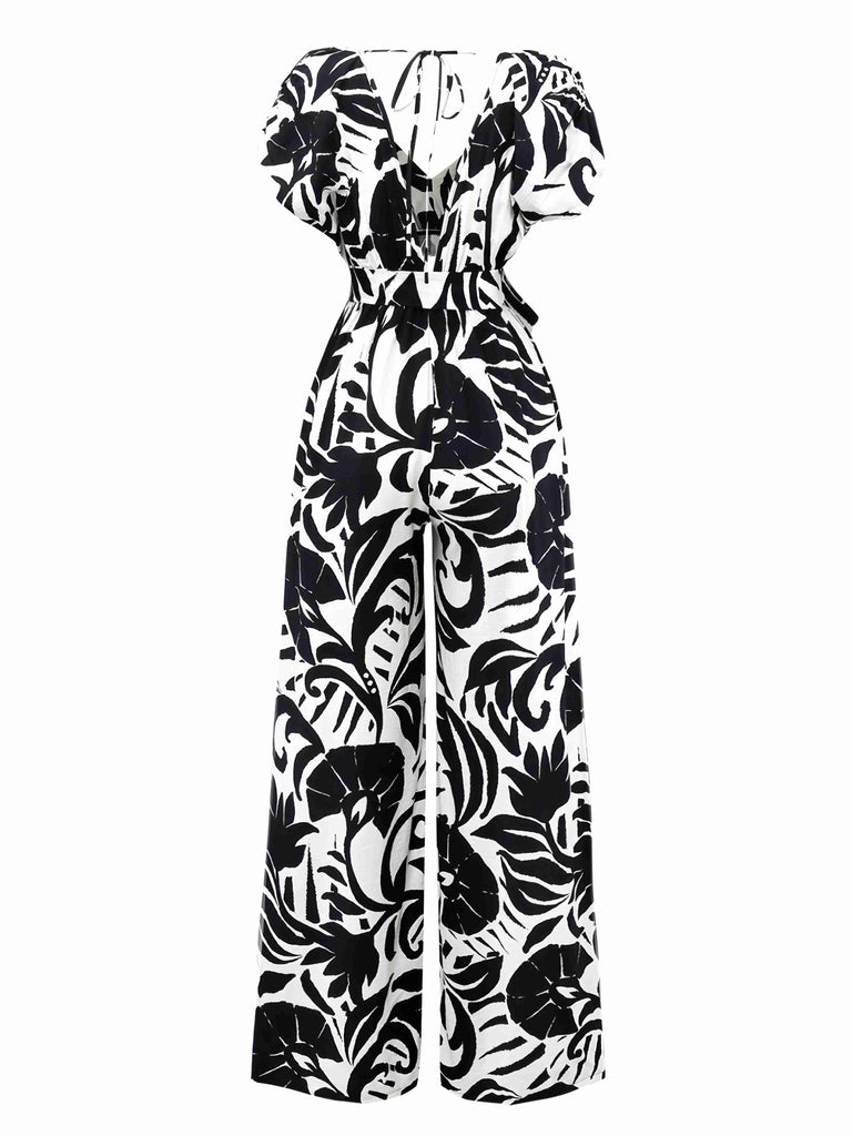Black 1940s Plants Silhouette Bat Sleeve Jumpsuit