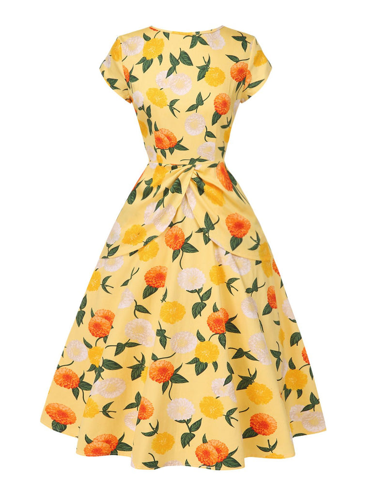 Yellow 1950s Hydrangea Floral Ruched Dress