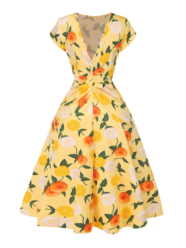 Yellow 1950s Hydrangea Floral Ruched Dress