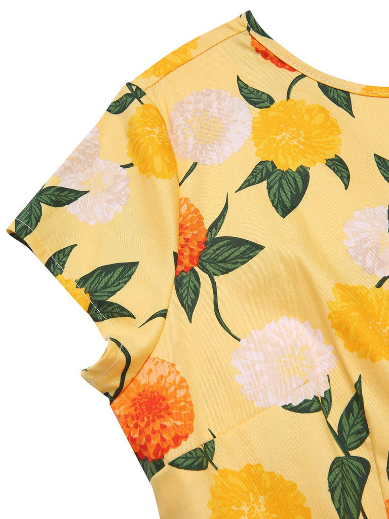 Yellow 1950s Hydrangea Floral Ruched Dress